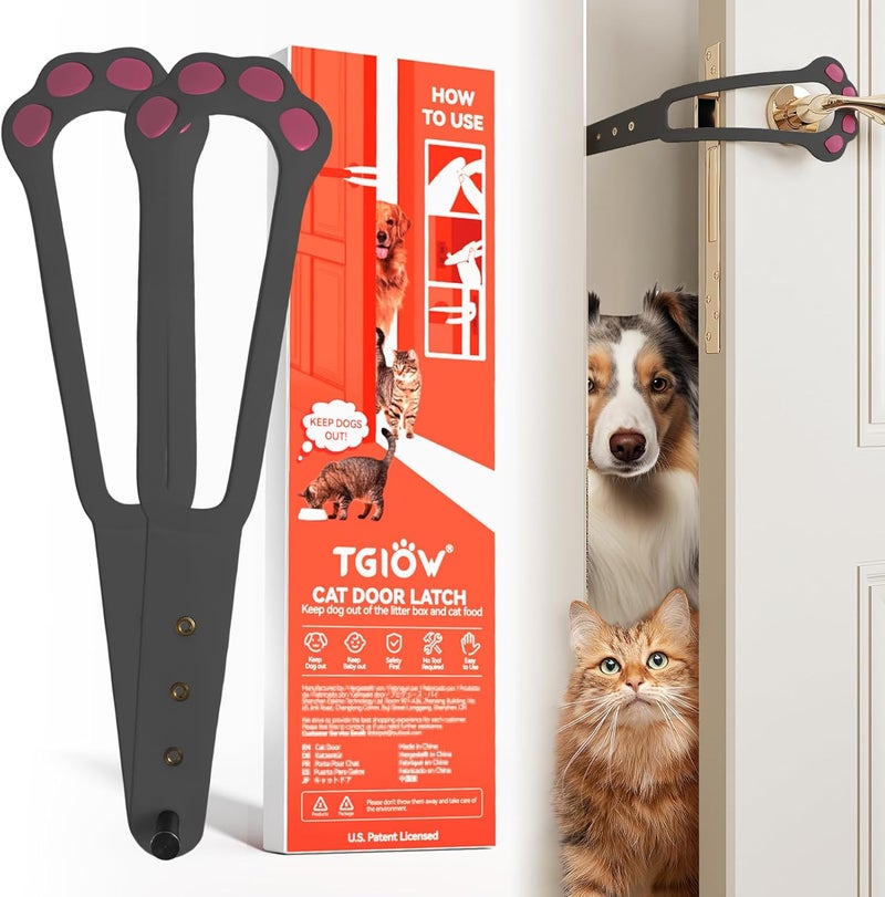 TGIOW Cat Door Latch, 2 Pcs Cat Door Stopper Pet Door Latch to Keep Dog Out of Litter Box and Food, Door Prop for Cat with 4 Adjustable Size Strap 2.2-5" Wide, No Measuring, Easy to Install, Grey - Image 1